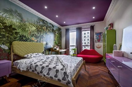 现代浪漫卧室紫色天花板室内装修效果图