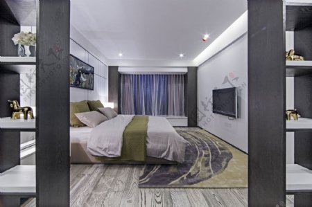 现代清冷风灰色背景墙卧室室内装修效果图