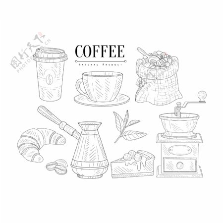 咖啡杯黑白线条手绘咖啡用品静物