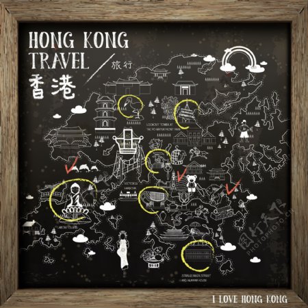 时尚手绘香港旅行地图插画