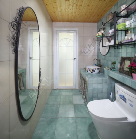 现代时尚浴室蓝绿色格子地板室内装修效果图