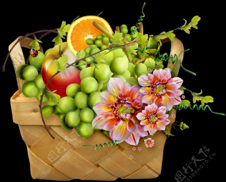 彩绘水果花卉组合花篮png透明素材