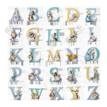 26个卡通动物贴纸字母