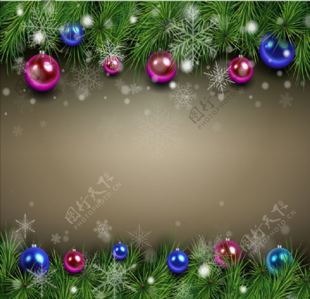 圣诞树枝圣诞球背景素材