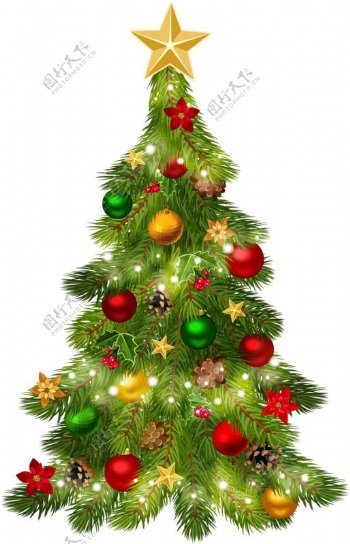 挂满彩球装饰的圣诞树元素