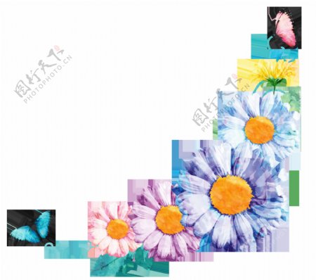 五颜六色花卉卡通水彩透明素材