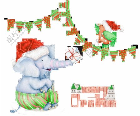 圣诞元素大象与小鸟卡通水彩透明素材