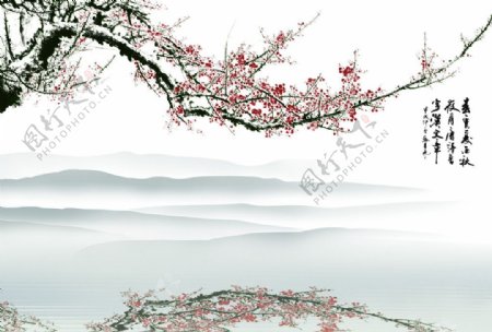中式梅花倒影山水背景