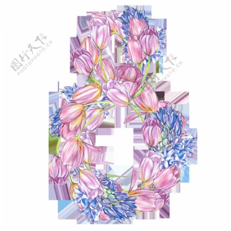 彩色手绘8字形状花卉花环png透明素材