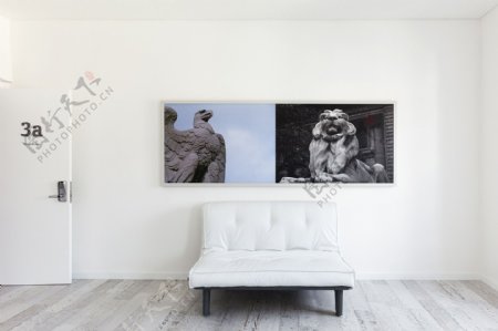 北欧极简客厅白色皮质沙发室内装修效果图