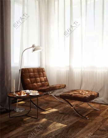 现代精致客厅褐色皮质沙发椅室内装修效果图