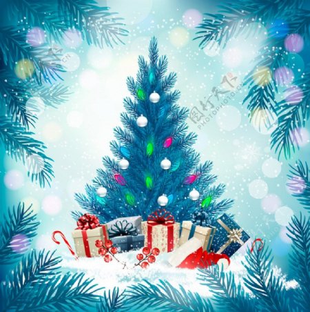 蓝色节日背景与圣诞树矢量