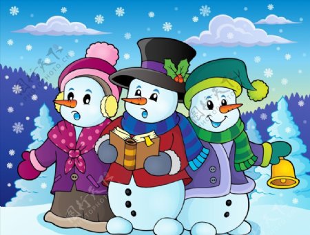 三只穿着衣服的雪人矢量素材