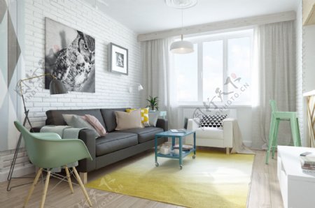 现代时尚客厅墨绿色沙发室内装修效果图
