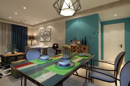 现代时尚客厅蓝绿色背景墙室内装修效果图
