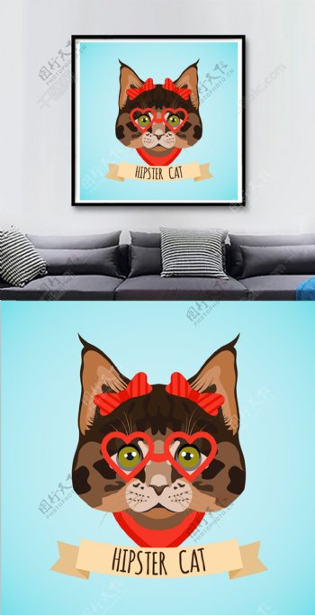 方图卡通猫咪眼镜红色蝴蝶结装饰画