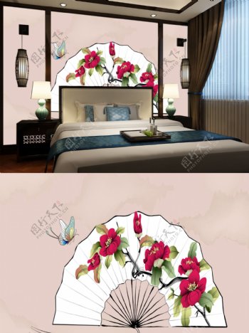 粉色扇子中式卧室背景墙