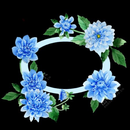 蓝色渐变花朵手绘花环装饰元素
