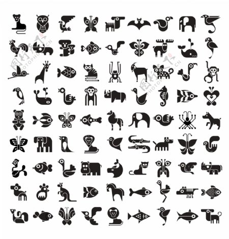 黑白动物矢量图标集AI插画