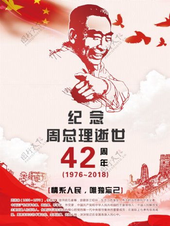 原创红色党建纪念周逝世42周年海报