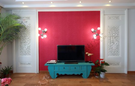 欧式客厅红色电视背景墙装修效果图