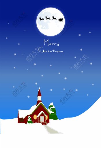 手绘圣诞质感雪景中的小木屋海报背景
