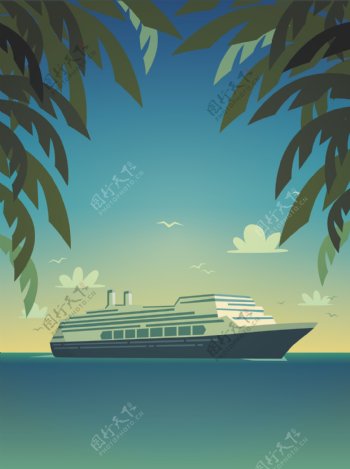 矢量卡通海洋轮船夏日度假旅游背景
