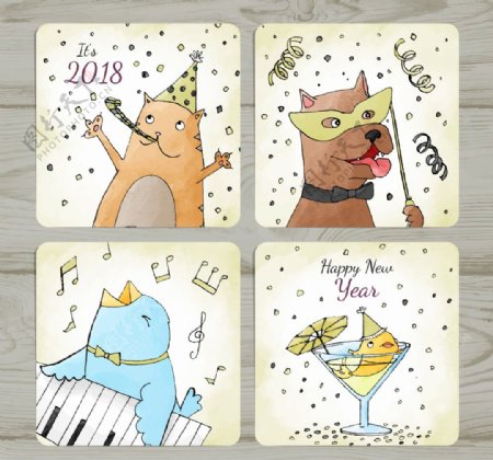 4款彩绘动物新年快乐矢量图