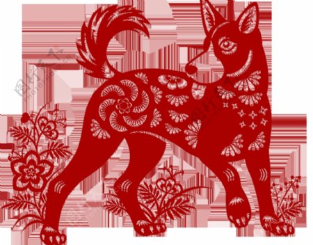 中国风红色花式狗狗剪纸元素