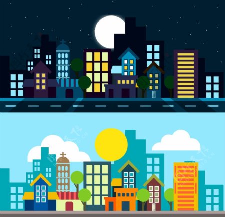 城市日景和夜景插图