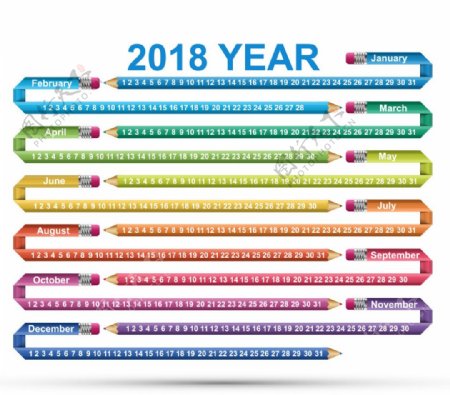 2018彩色铅笔日历矢量素材