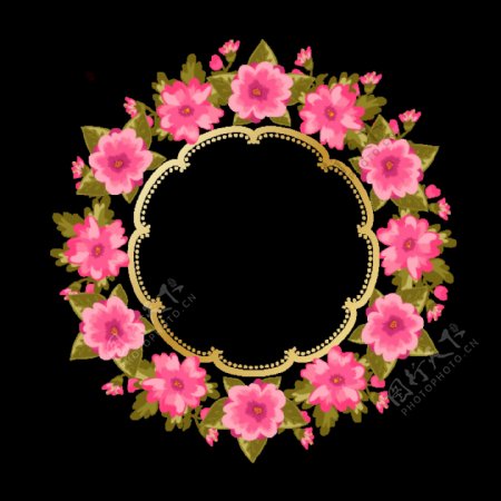 美丽明媚淡粉色花朵手绘花环装饰元素