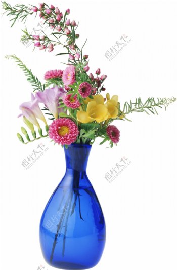 蓝色鲜花装饰瓶png元素