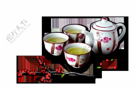 清新文雅玫红色花纹茶具产品实物