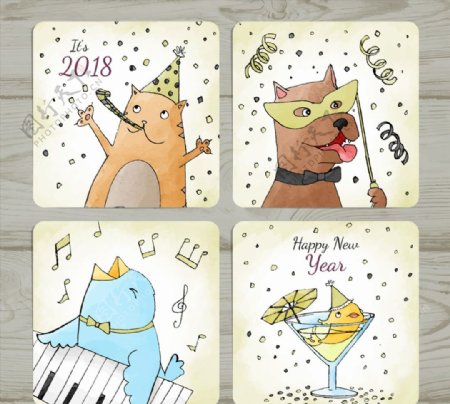 4款彩绘动物新年快乐卡片矢量图