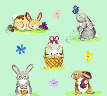 5款可爱彩绘兔子矢量素材