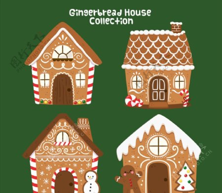 4款彩绘可爱圣诞姜饼屋矢量图