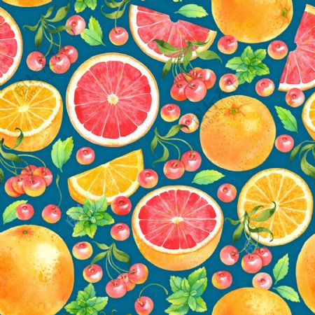 水彩绘橙子和樱桃