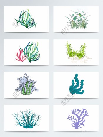 植物叶子蓝色绿色水草卡通透明素材