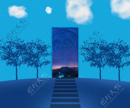 蓝色天空树木装饰画
