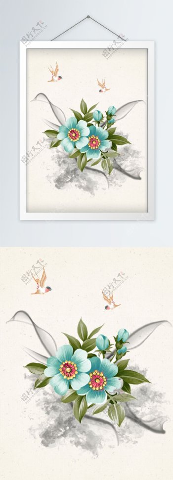 中国风花鸟水墨线条装饰画