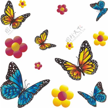 手绘精品漂浮蝴蝶花朵昆虫花卉植物可商用元