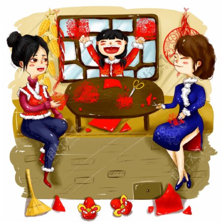 手绘阖家团圆剪窗花春节过年节日团圆场景