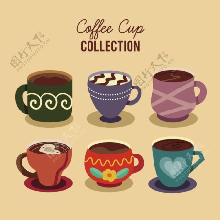 6款彩色精美图案咖啡杯插画元素