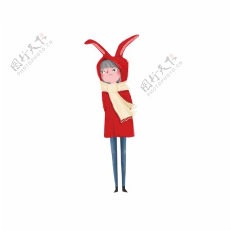 冬季穿红色连帽大衣了可爱卡通小女孩元素