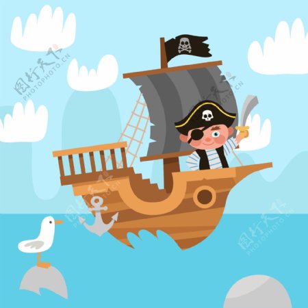 卡通童话海盗风景插画