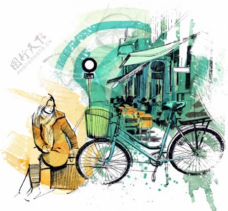 涂鸦水彩画人物和自行车插画