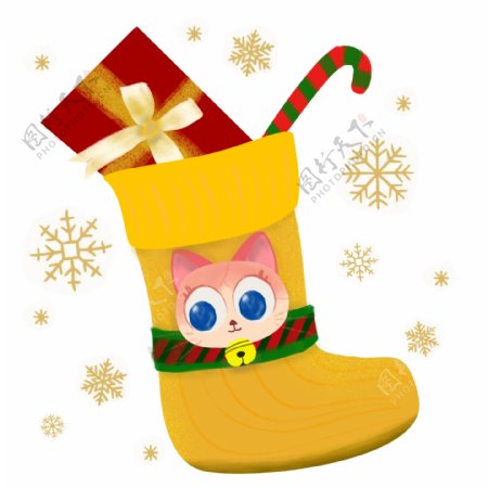 可爱橘猫圣诞袜子金色雪花设计元素