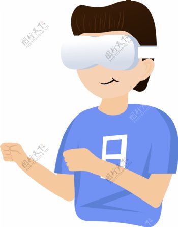 手绘卡通戴着VR眼镜做游戏的男青年