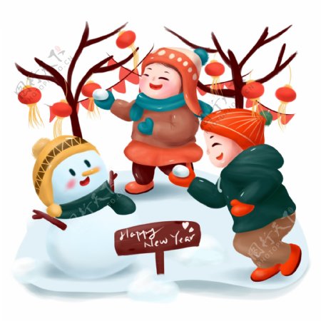 打雪仗迎新年冬季节气欢乐喜庆可商用插画